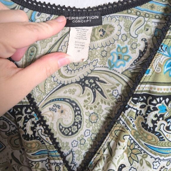 Vintage 90s Perseption Concept Blue Green Paisley Floral Lettuce Edge Top M - Picture 4 of 5